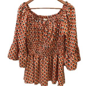 Jodifl blouse. Colorful print. Peplum. Gathered waist. Size L